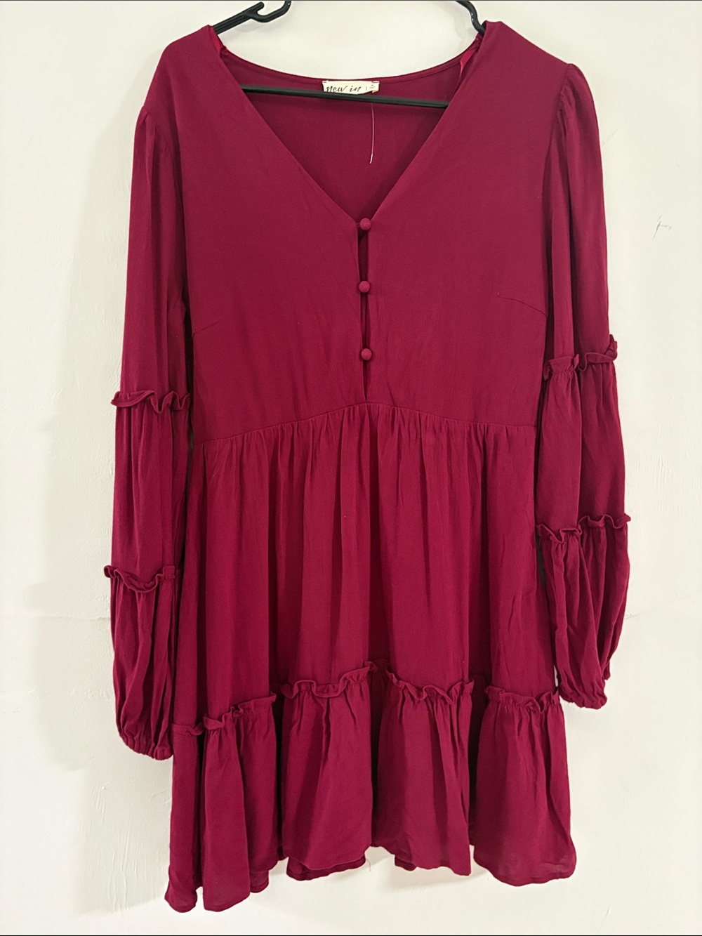 New in Burgundy V-Neck Tiered Button Babydoll Dress NWOT size small